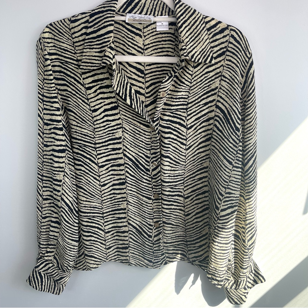 Vintage New York City Design Co Zebra Print Button-Up Blouse 100% Silk Size M
